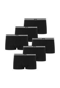 Svarta boxershorts i ett paket om sex, tillverkade av mjukt tyg med en grårandig elastisk midjeband och logotypetikett på framsidan.