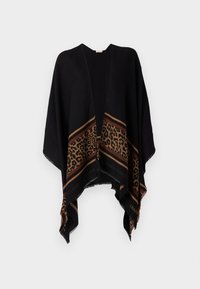 Poncho nero aperto con stampa leopardata e strisce marroni lungo l'orlo. Tessuto morbido con bordi frangiati. Senza bottoni né chiusure.