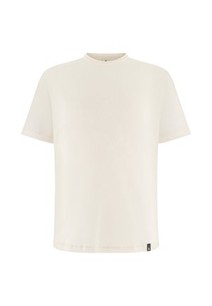 Yksinkertainen valkoinen lyhythihainen t-paita, jossa on pyöreä kaula-aukko ja pieni musta lappu alareunassa, valkoisella taustalla.