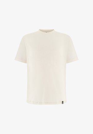 Yksinkertainen valkoinen lyhythihainen t-paita, jossa on pyöreä kaula-aukko ja pieni musta lappu alareunassa, valkoisella taustalla.