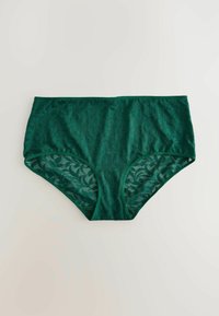 Grüne Spitzen-Höschen mit hohem Bund, das ein florales Muster, eine weiche Textur und einen elastischen Bund mit nahtlosem Design aufweist.