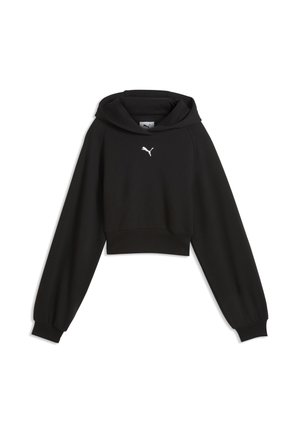 Czarna krótka bluza z kapturem z długimi rękawami i małym białym logo Puma na środku klatki piersiowej.