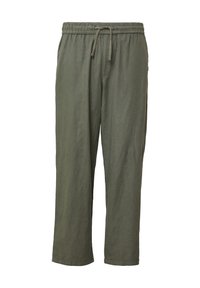 Pantalons en mélange de lin vert olive avec une taille élastique, un cordon de serrage, des poches latérales et une coupe droite. Tissu léger et respirant.
