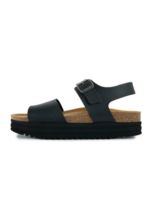 Black open-toe sandal with two straps, a metal buckle, cork footbed, and thick black textured sole.