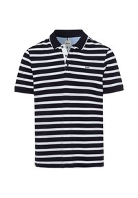 Navy and white striped polo shirt with a collar, two buttons, and a small logo on the left chest. Cotton material, short sleeves.