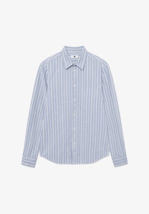 Light blue long-sleeve shirt with white vertical stripes, button-down collar, single chest pocket, and curved hem. Cotton blend material.