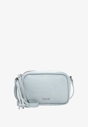 Light blue synthetic leather crossbody bag with zip closure, braided trim, and adjustable strap. Features a silver logo on the front.