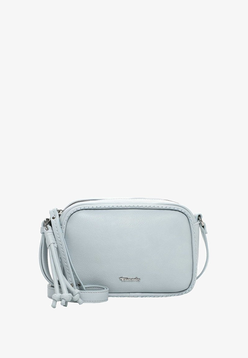 Gaiši zila sintētiskās ādas somiņa ar rāvējslēdzēja aizdari, pītām apmalēm un regulējamu siksnu. Priekšpusē ir sudraba krāsas logotips.