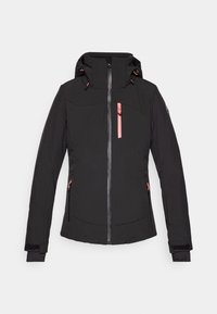Giacca nera isolata con cappuccio, caratterizzata da accenti rosa, zip frontale e due tasche laterali. I polsini includono regolatori in velcro.
