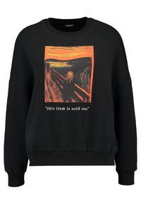 Sudadera negra con una destacada impresión artística en naranja y azul de "El Grito" de Edvard Munch. Incluye un texto que dice "este artículo está agotado".