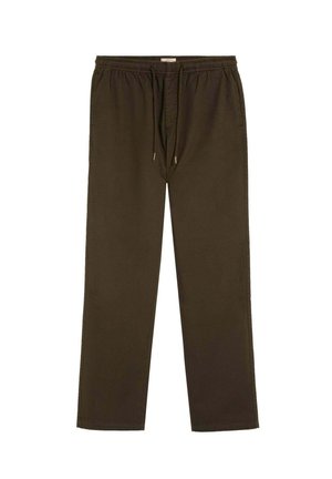 Pantalones marrones con cintura elástica y cordón, bolsillos laterales y perneras rectas, mostrados sobre fondo blanco.