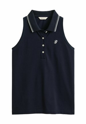 Marineblauw mouwloos poloshirt met witte knopen, dubbele witte strepen op de kraag en geborduurd "G"-logo op de linkerborst.