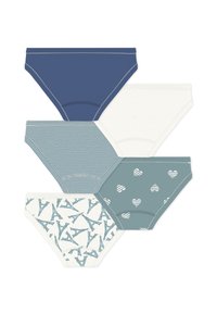 Σετ τεσσάρων ζευγών γυναικείων σλιπ: μονόχρωμο σε ναυτικό μπλε, λευκό με ρίγες, ανοιχτό μπλε με καρδιές και λευκό με εκτύπωση Πύργου του Άιφελ. Υλικό από βαμβακερό μείγμα.