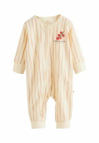 Roomkleurige babyromper met verticale perzikkleurige strepen, rits aan de voorkant, geribde mouwen en enkels, en een rood tomaatgrafiek met de tekst "HOMEGROWN".