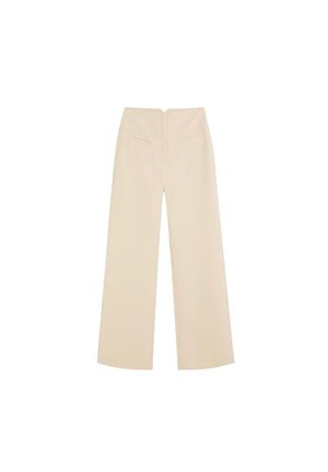 Pantalones beige de talle alto y pierna ancha con detalle de costura frontal y dos bolsillos laterales, colocados planos sobre un fondo blanco.