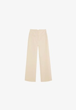 Pantalones beige de talle alto y pierna ancha con detalle de costura frontal y dos bolsillos laterales, colocados planos sobre un fondo blanco.