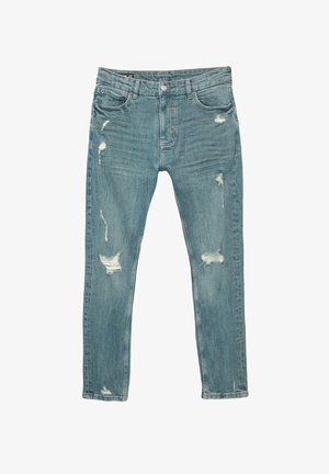 Helle blaue Denim-Jeans im Slim-Fit, mit abgeriebenen Details an den vorderen Oberschenkeln und Knien, mit Knopfverschluss und Fünf-Taschen-Design.