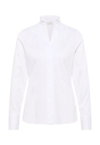 Weiße Bluse mit langen Ärmeln, aus glattem Stoff gefertigt. Mit Stehkragen und Knopfleiste, taillierte Passform.