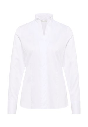 Witte blouse met lange mouwen, gemaakt van soepele stof. Heeft een staande kraag en een voorpand met knopen, in een getailleerde pasvorm.