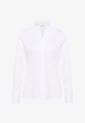 Witte blouse met lange mouwen, gemaakt van soepele stof. Heeft een staande kraag en een voorpand met knopen, in een getailleerde pasvorm.
