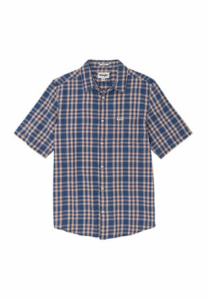 Short-sleeve button-up shirt in navy and peach plaid pattern, featuring a chest pocket and a woven label on the left side.