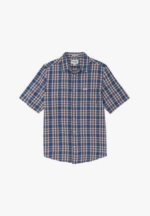 Short-sleeve button-up shirt in navy and peach plaid pattern, featuring a chest pocket and a woven label on the left side.