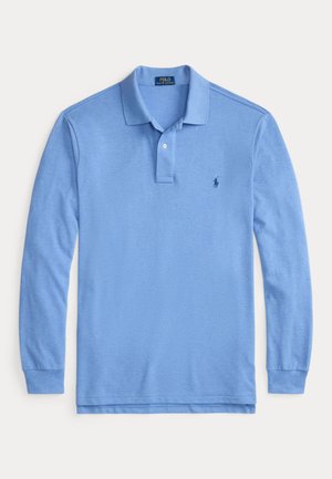 Light blue long-sleeve polo shirt made of cotton. Features a two-button placket, ribbed cuffs, and a small logo on the left chest.