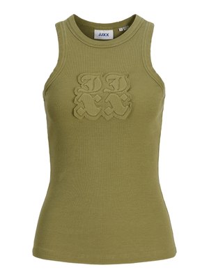 Olivno zelen top brez rokavov z rebrasto strukturo, okroglim izrezom in vtisnjenim dekorativnim logotipom na prsih.