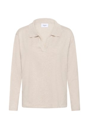 Beige poloshirt met lange mouwen en V-hals, zachte textuur en een opgerolde kraag. Het heeft een effen ontwerp en een label met de naam "Saint."