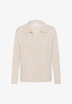 Bēša garām piedurknēm polo krekls ar V-veida kaklu, mīkstu tekstūru un salocītu apkakli. Iezīmējas ar vienkāršu dizainu un birku ar nosaukumu "Saint".