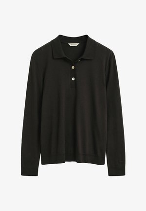 Polo noir à manches longues en tissu doux, avec un col classique, une patte de boutonnage à trois boutons et des poignets côtelés.