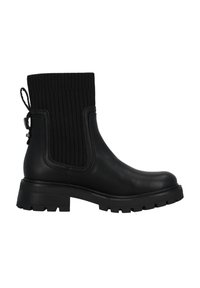 Černé kotníkové boty s hladkým koženým svrškem, ribbed pleteninou nahoře a robustní gumovou podrážkou s texturovaným vzorkem pro lepší přilnavost.