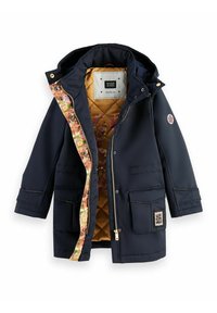 Granatowa wodoodporna parka z kwiatowym wzorem wewnątrz, zapinana na zamek błyskawiczny, z odpinanym kapturem i dwiema przednimi kieszeniami naszytymi.