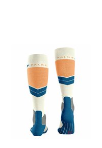 Kniestrümpfe in den Farben Orange, Creme und Blau. Sie verfügen über geometrische Muster, gerippte Bündchen sowie verstärkte Fersen- und Zehenbereiche.
