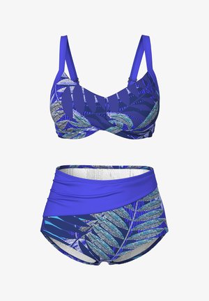 Twee-delige badpak met een top in blauw en meerkleurig patroon met verstelbare bandjes en een hooggeknot onderstuk met een gelaagd ontwerp.