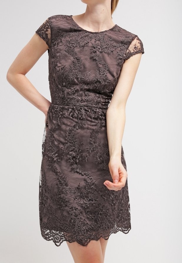 Robe en dentelle marron foncé à manches courtes, ornée de broderies florales et d'un ourlet festonné. Tissu lisse avec une silhouette structurée.