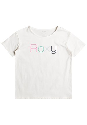 Biała koszulka z krótkim rękawem z wielokolorowym logo „Roxy” nadrukowanym na piersi różowymi, zielonymi, jasno szarymi i granatowymi literami.