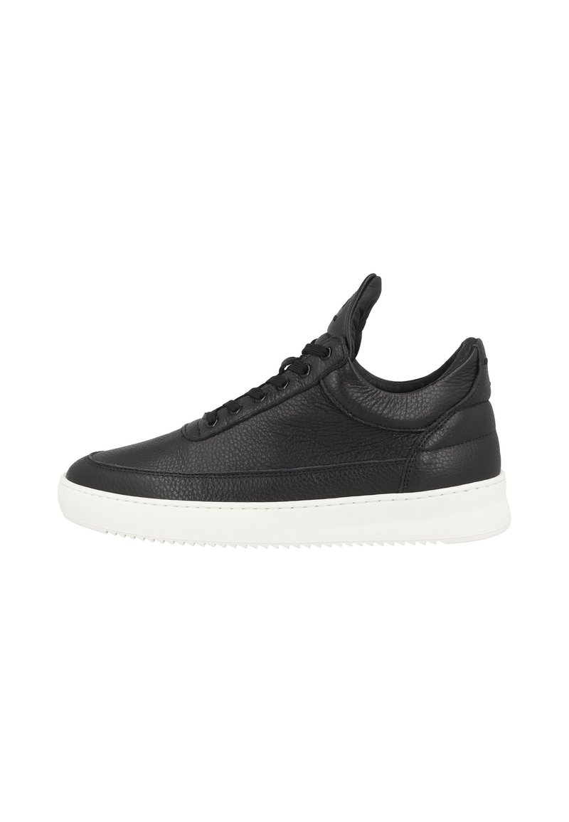Black leather sneaker with a smooth texture, white rubber sole, and six eyelet lace-up design. Features a padded collar and minimal stitching.