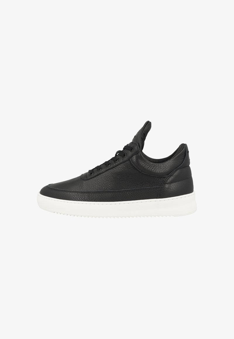 Black leather sneaker with a smooth texture, white rubber sole, and six eyelet lace-up design. Features a padded collar and minimal stitching.