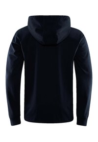 Sudadera azul marino oscura con mangas largas, capucha ajustable con cordón y una textura suave. Presenta un diseño simple y sin adornos.