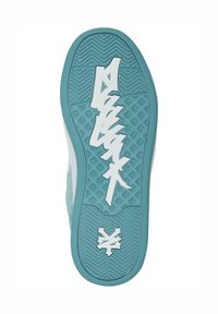 Teal värviga kummijalatsite tallad, millel on tekstuuriga haardemustrid. Esiplaanil on julged valged brändingud ja sujuv serv ümber perimeetri.