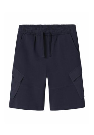 Pantaloni cargo blu navy realizzati in un tessuto morbido, dotati di un elastico in vita, cordino, tasche laterali e due grandi tasche cargo.