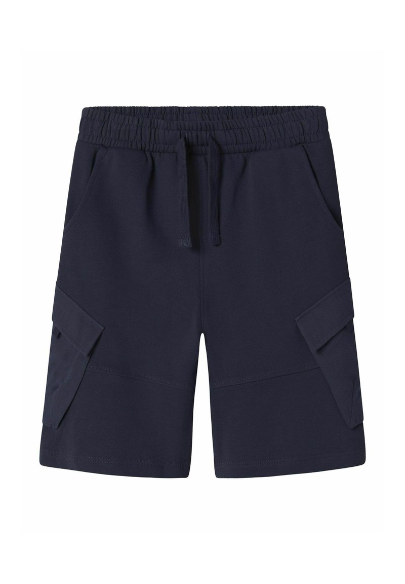 Shorts cargo bleu marine en tissu doux, dotés d'une taille élastique, d'un cordon de serrage, de poches latérales et de deux grandes poches cargo.