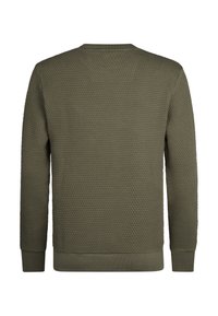 Felpa verde con motivo a nido d'ape, colletto rotondo, maniche lunghe e polsini e orlo a coste. Adatta per un abbigliamento casual.