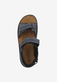Blue leather sandal with two adjustable Velcro straps, stitched accents, and a brown cushioned footbed. Brand logo visible on the insole.