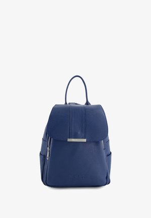 Blue leather backpack with a fold-over top, zipper accents, side pockets, and a metal logo plate. Textured finish and structured shape.