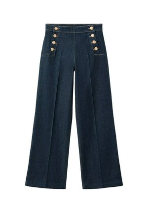 Pantaloni di jeans a gamba larga di colore blu scuro, con vita alta e due file di quattro bottoni decorativi sulle tasche anteriori.