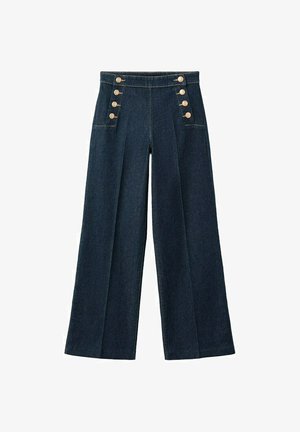 Mørkeblå vidde jeansbukser med højt talje og to rækker af fire dekorative knapper på forlommerne.