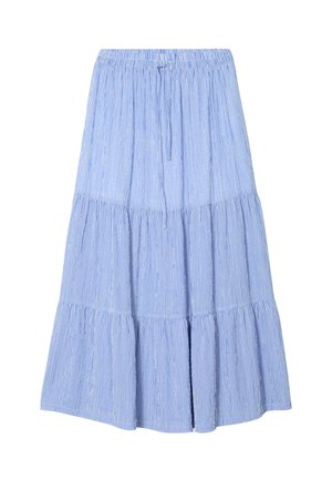 Blue and white striped tiered skirt with an elastic waistband and drawstring. Fabric appears lightweight with a soft texture.
