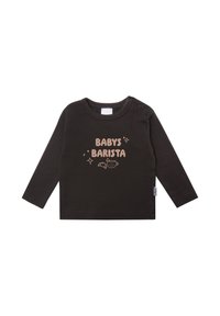 Schwarzes Babyshirt mit langen Ärmeln und Rundhalsausschnitt, auf dem der Text "BABY'S BARISTA" in hellbraun sowie Grafiken von einer Kaffeetasse und einem Croissant zu sehen sind.